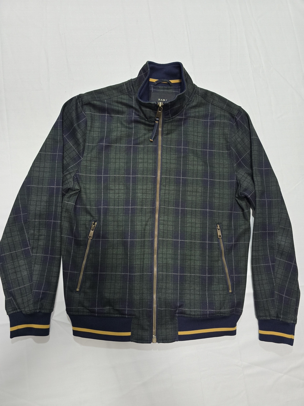 Zara Men's Dark Green and Navy Plaid Jacket | Small